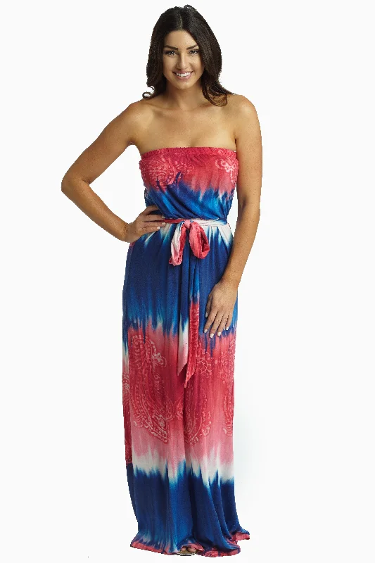 Yellow Dresses for Bright -Navy Fuchsia Printed Sash Tie Strapless Maxi Dress