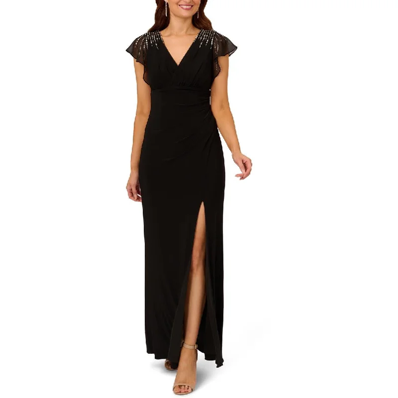 Work Dresses for Professional -Adrianna Papell Womens Embellished Faux Wrap Evening Dress