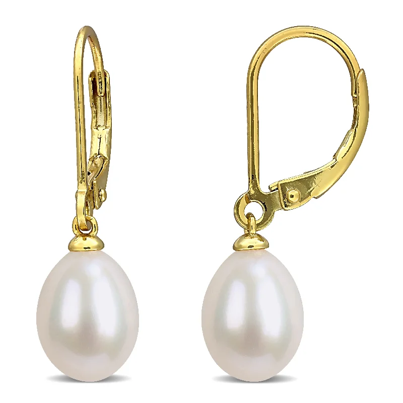 Drop Earrings with Matte Finish -Miadora 7.5-8mm Cultured Freshwater Drop Pearl Leverback Earrings Yellow Plated Sterling Silver