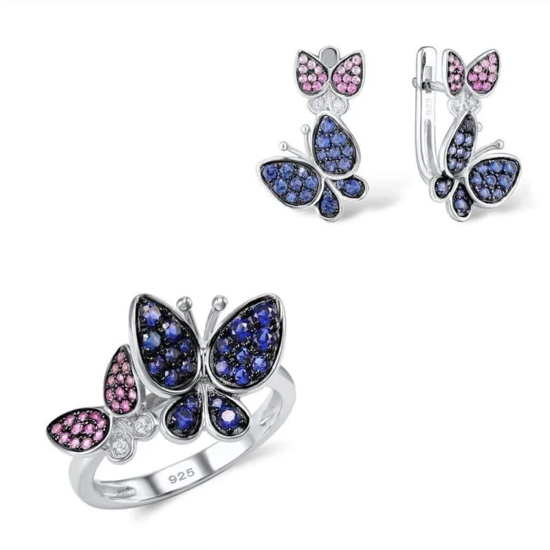 Indian Drop Earrings with Intricacy -Elegant Blue Pink Stones Butterfly Earrings Ring Set 925 Sterling Silver Chic Jewelry Set