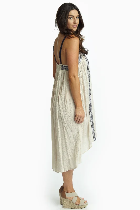 Mini Dresses for Youthful Look -Beige Navy Embroidered Linen Dress