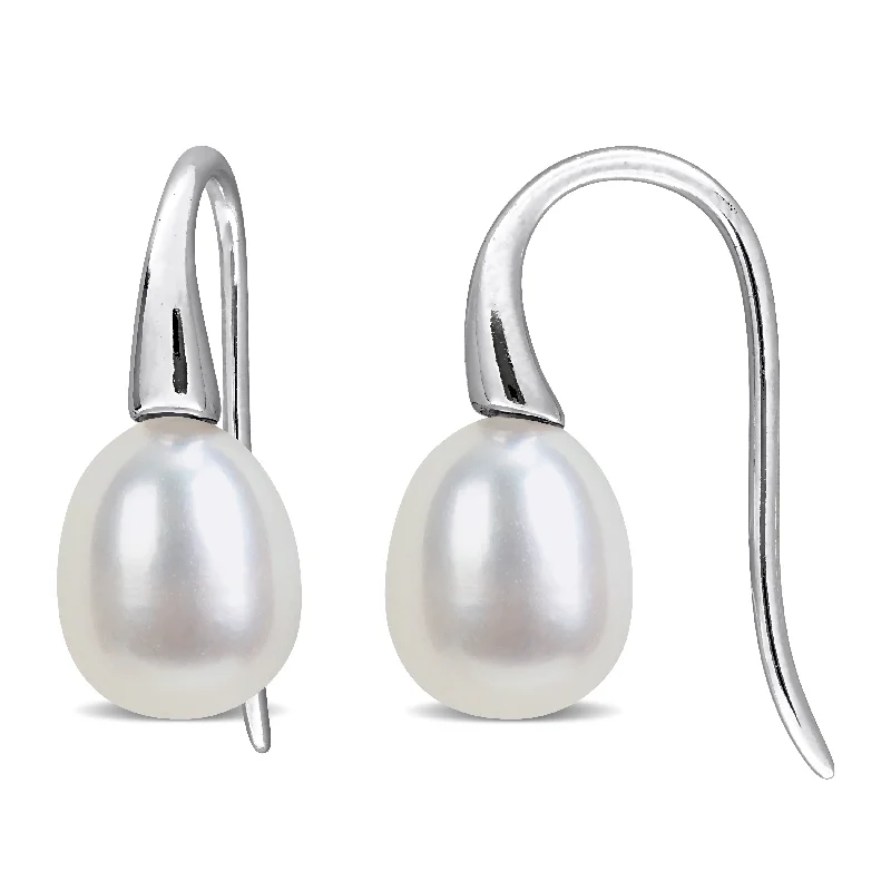 Floral Drop Earrings with Petals -Miadora 7-8mm Cultured Freshwater Pearl Curved Shepherd Hook Earrings Sterling Silver