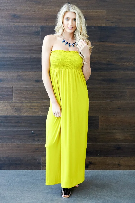 Sundress Dresses for Sunny -Yellow Solid Strapless Maxi Dress