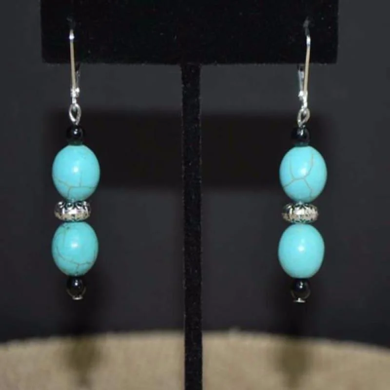 Drop Earrings with Embossed Patterns -Turquoise Antique Silver Drop Earrings