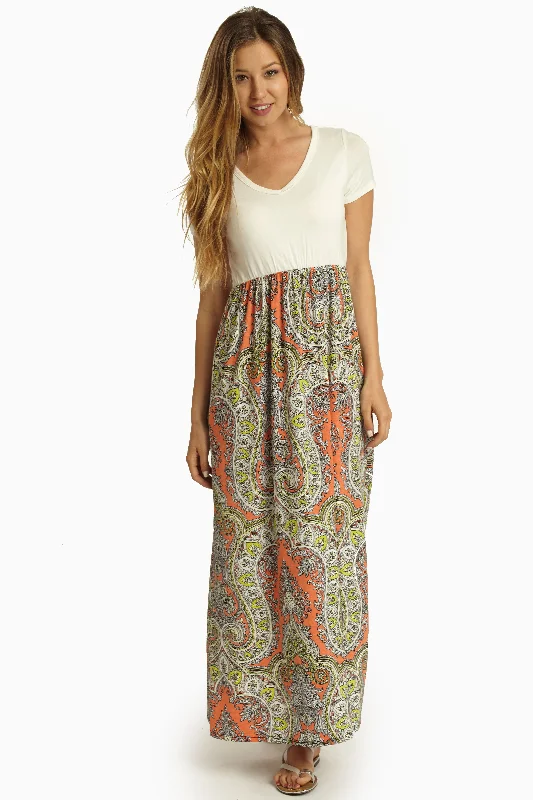 Maxi Dresses for Elegant Style -Neon Coral Paisley Print Bottom Maxi Dress