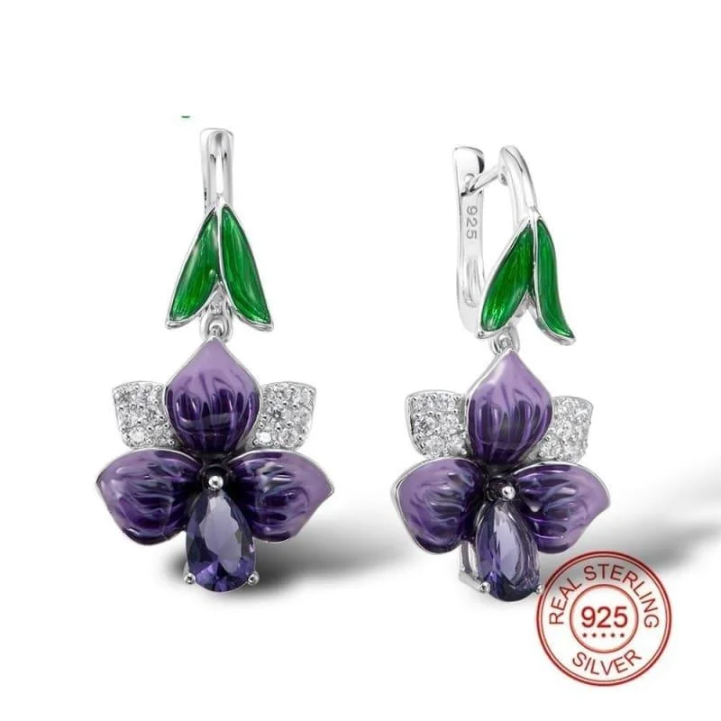 Drop Earrings for Casual Outfit -Purple and Green Silver Dangle Earrings Long Silver 925 Cubic Zirconia  Earrings