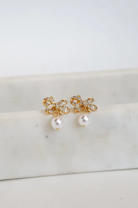 Drop Earrings for School Uniform -Harlow Gold Rhinestone Pearl Bow Earrings