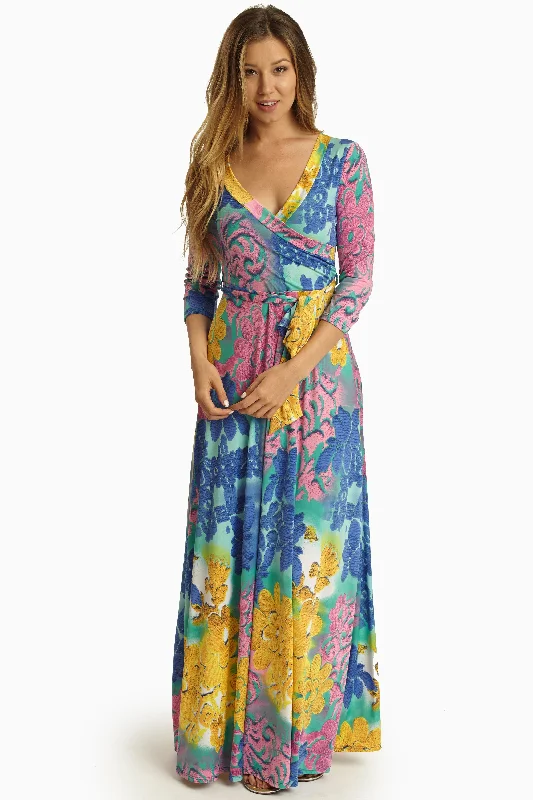 Party Dresses for Celebration -Pink Multi-Color Abstract Print Draped 3/4 Sleeve Maxi Dress