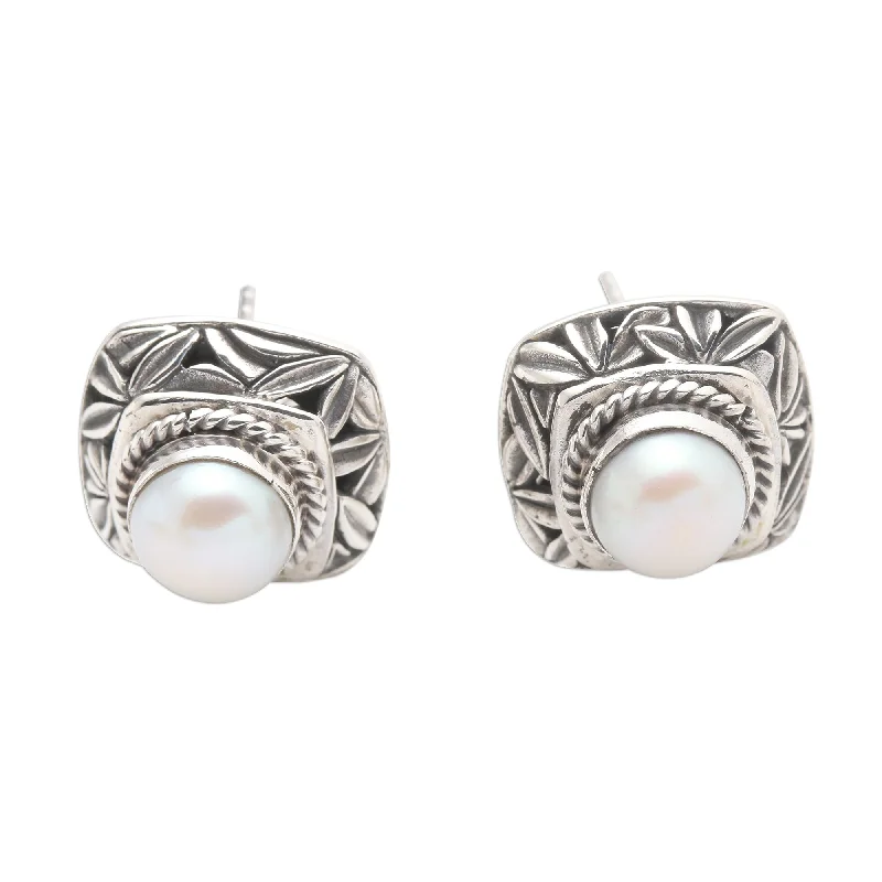 Nickel Free Drop Earrings for Safety -Novica Handmade Leaves Of Bamboo In White Cultured Pearl Button Earrings