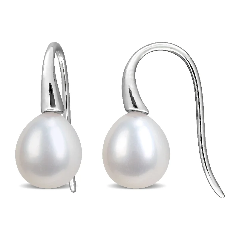 Contemporary Drop Earrings for Fashion -Miadora 8-9mm Cultured Freshwater Pearl Curved Shepherd Hook Earrings Sterling Silver