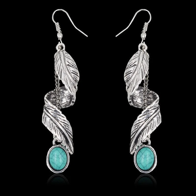 Large Drop Earrings for Statement -Alloy Leaf Pendant Earrings Artificial Turquoise 9K gold-plated Fashion Jewelry