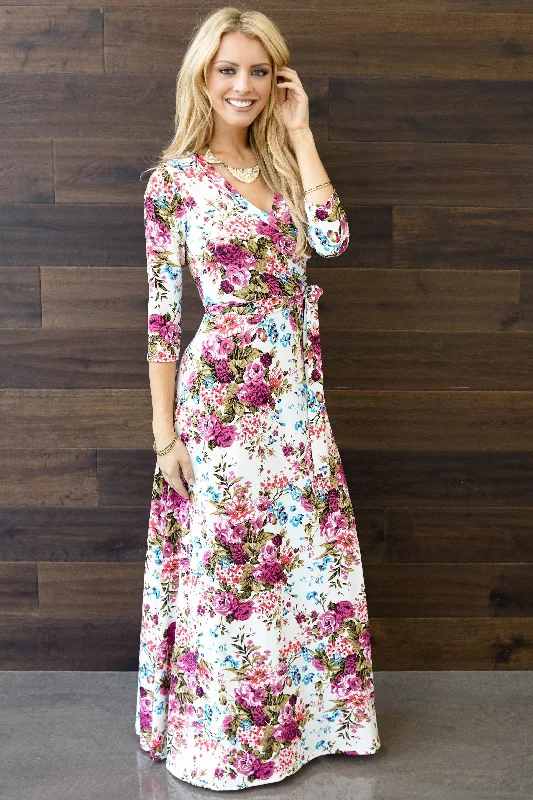 Long-sleeved Dresses for Coverage -Ivory Floral Draped 3/4 Sleeve Maxi Dress