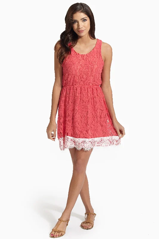 Beach Dresses for Coastal -Coral Colorblock Trim Lace Dress