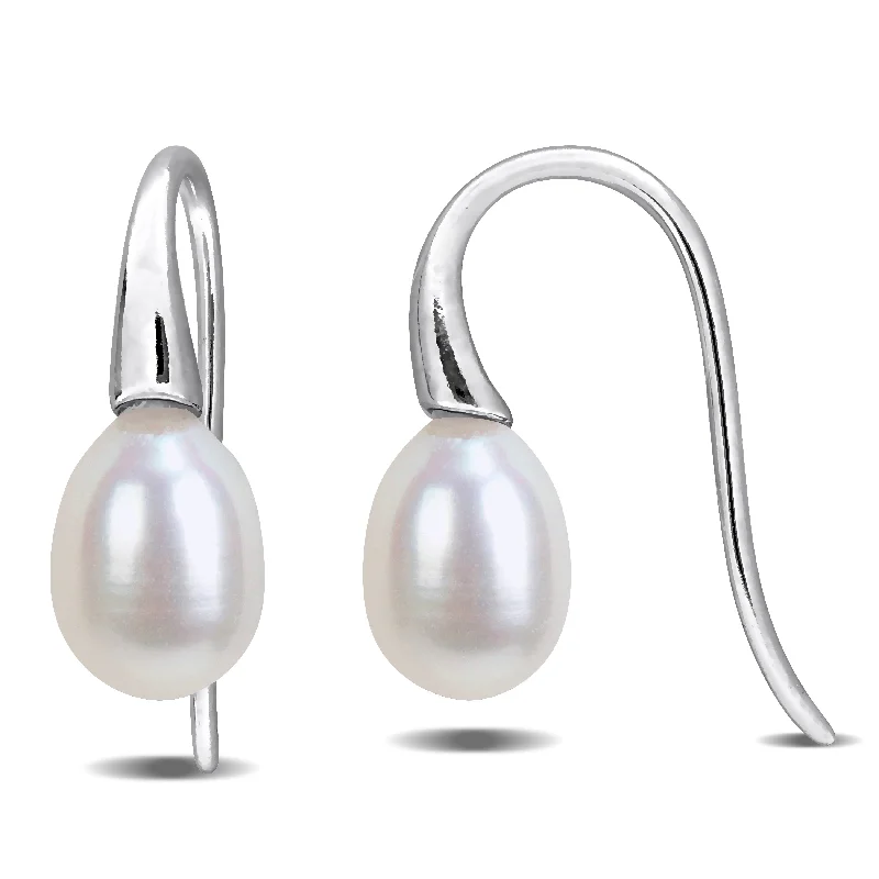 Floral Drop Earrings with Petals -Miadora 6-7mm Cultured Freshwater Pearl Curved Shepherd Hook Earrings Sterling Silver