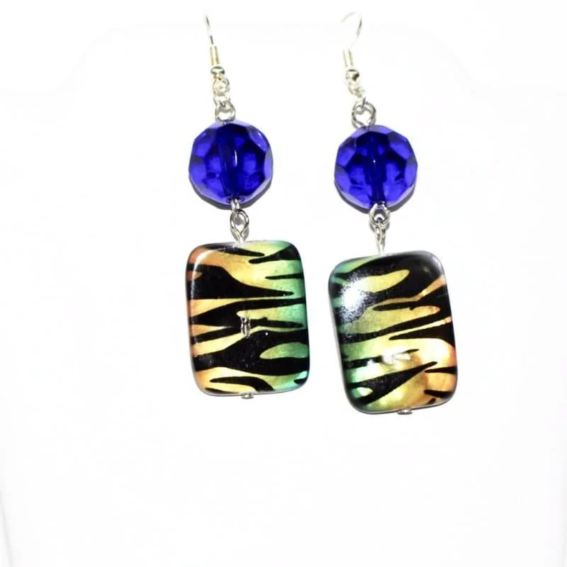 Ethnic Drop Earrings with Tribal Design -Chunky Blue Animal Print Dangle Earrings