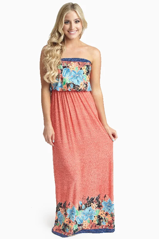 Ball Gown Dresses for Glamour -Coral Tropic Floral Strapless Maxi Dress