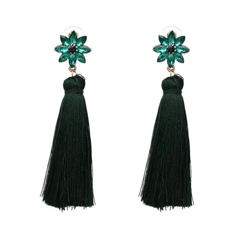 Drop Earrings for Engagement Party -Crystal Flower Red Green Dangle Earrings With Black Purple Tassel Boho Earrings