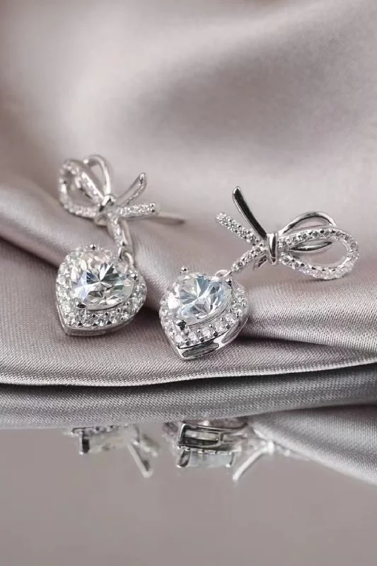 Drop Earrings for Prom Night -2 Carat Moissanite Stone Heart Bow Drop Earrings 925 Sterling Silver