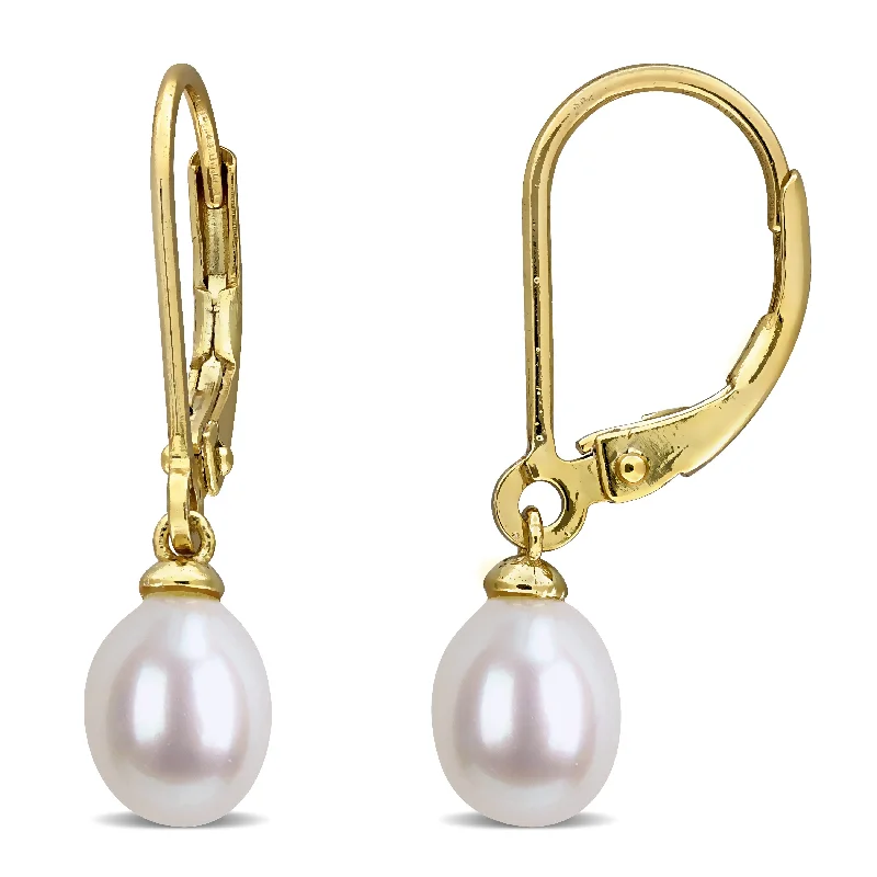 Drop Earrings for Work Attire -Miadora 6-6.5mm Cultured Freshwater Pearl Leverback Earrings Yellow Plated Sterling Silver