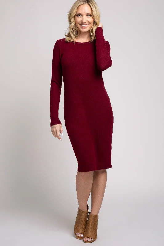 Low-waisted Dresses for Relaxed -Burgundy Knit Long Sleeve Sweater Dress