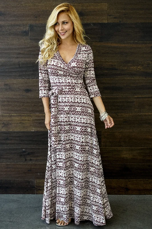 Nylon Dresses for Stretchable -Burgundy Tribal Printed 3/4 Sleeve Maxi Dress