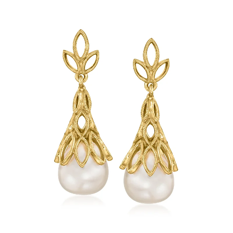 Beaded Drop Earrings for Party -Ross-Simons 9-9.5mm Cultured Pearl Filigree Drop Earrings in 18kt Gold Over Sterling