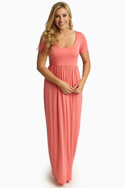 Gray Dresses for Subtle -Pink Solid Short Sleeve Maxi Dress