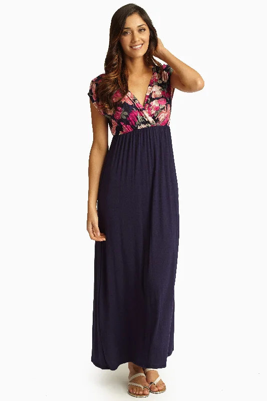 Floral Dresses for Romantic -Pink Floral Navy Draped Top Maxi Dress