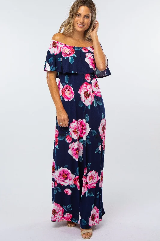 Embroidered Dresses for Detailed -Navy Floral Off Shoulder Flounce Maxi Dress