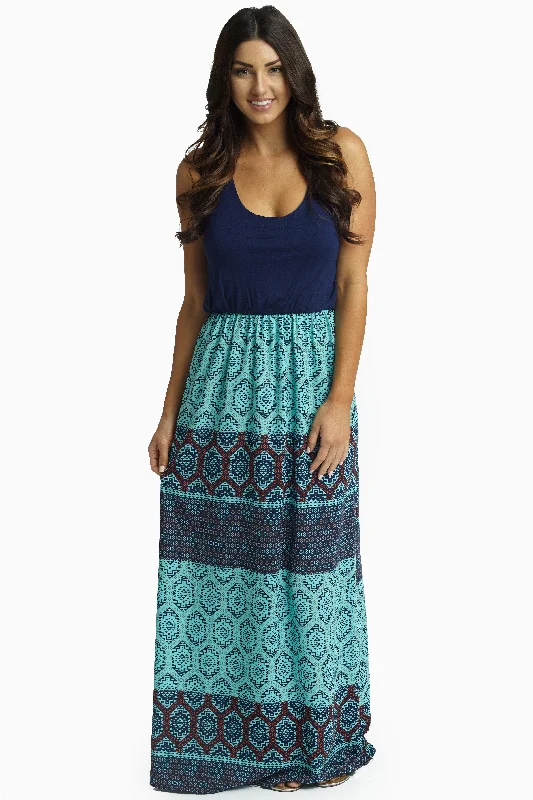 Work Dresses for Professional -Aqua Navy Geometric Bottom Maxi Dress