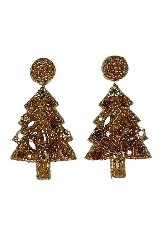 Drop Earrings for Birthday Celebration -Beaded Gold Christmas Tree Earrings