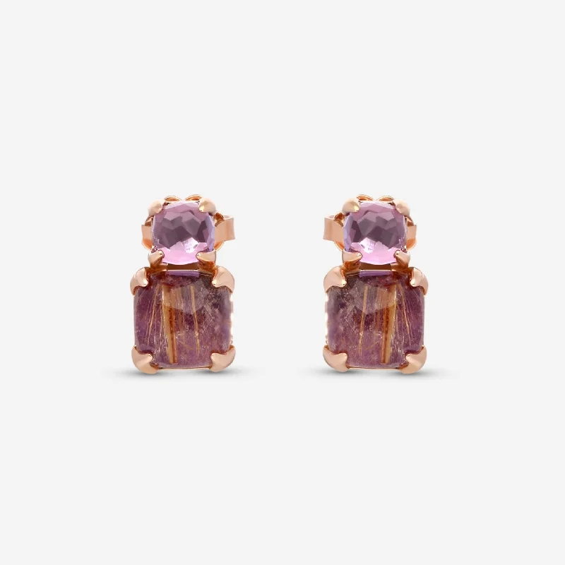 Clip On Drop Earrings for Non Pierced -SuperOro Iceberg 18K Rose Gold Amethyst & Charoite-Gold Rutile Earrings ICEBERG/O001