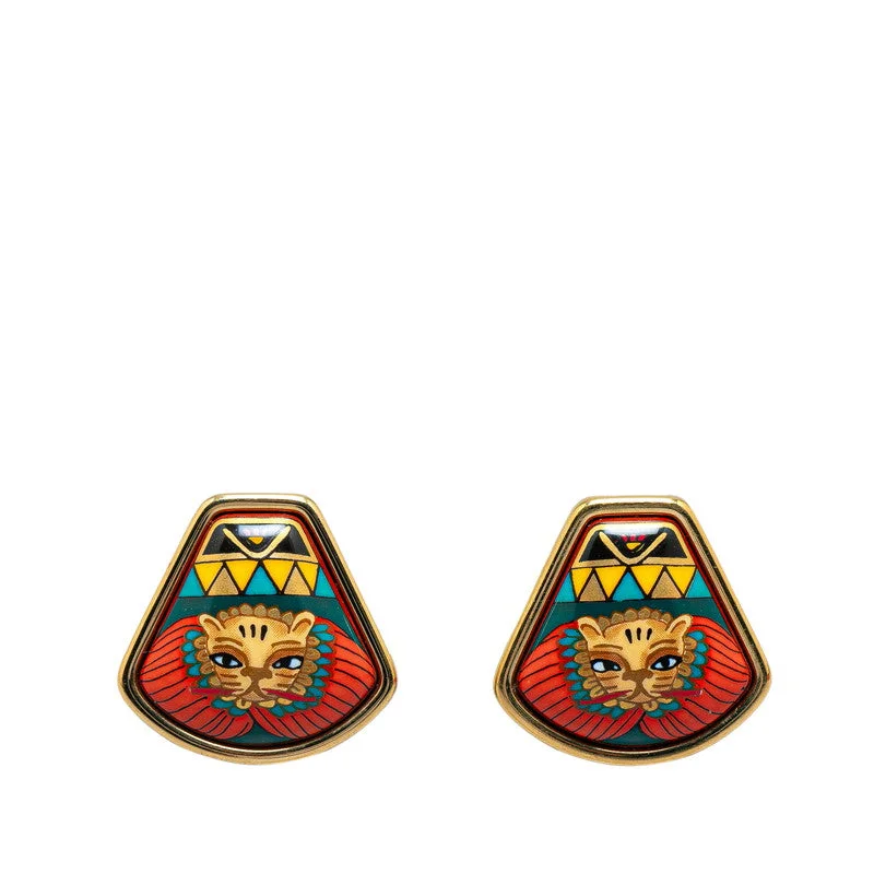 Silver Drop Earrings for Men -Hermes Enamel Lion Clip Earrings Gold Red