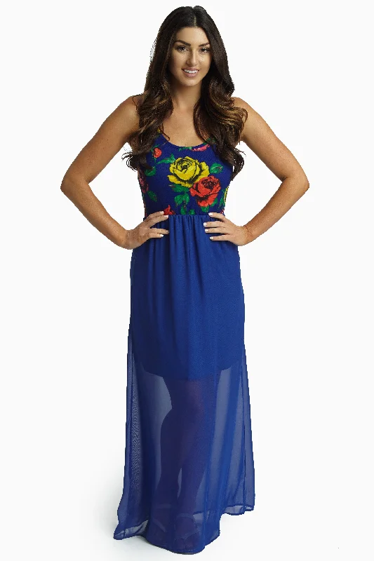 Ethnic Dresses with Tribal Design -Royal Blue Chiffon Floral Top Maxi Dress