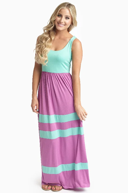 Short-sleeved Dresses for Summer -Magenta Mint Green Striped Bottom Colorblock Maxi Dress