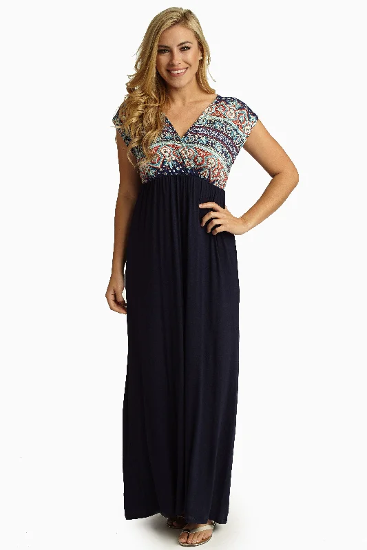 Shift Dresses for Simple Look -Navy Blue Moroccan Printed Top Maxi Dress