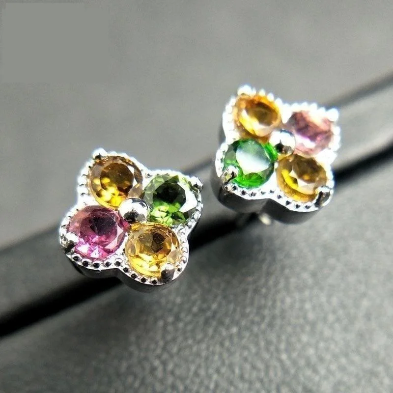 Detachable Drop Earrings with Charms -Natural Tourmaline 925 Sterling Silver Cute Small Romantic Colorful Earrings