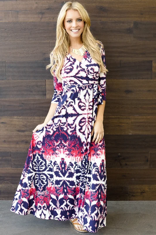 Spandex Dresses for Flexible -Red Navy Abstract Damask Draped Maxi Dress