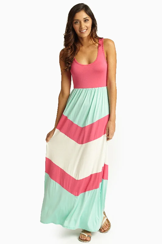 Beige Dresses for Neutral -Pink Chevron Printed Bottom Maxi Dress