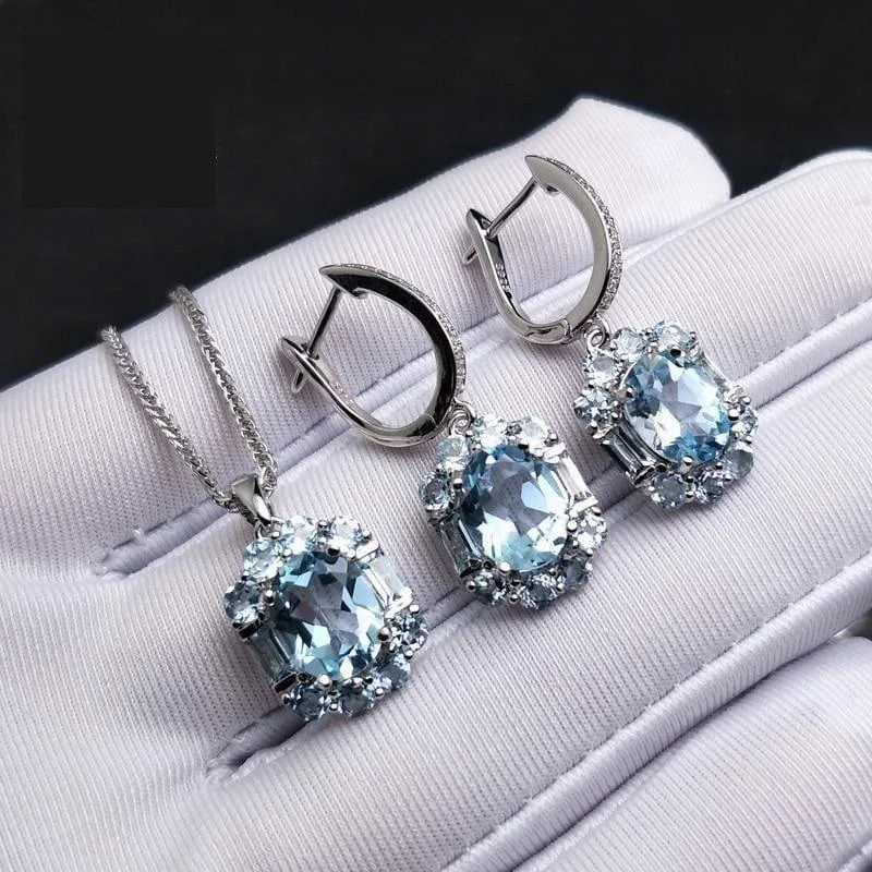 Drop Earrings for Mother's Day -Exquisite Sky Blue Topaz Elegant Pendant Earrings Gemstone Jewelry Set