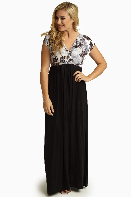 Midi Dresses for Versatile Wear -Ivory Floral Black Draped Top Maxi Dress