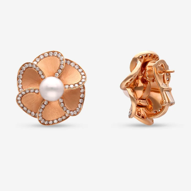 Retro Drop Earrings for Nostalgia -Assael 18K Rose Gold, Champagne Diamond 2.50ct. tw. and Japanese Akoya Cultured Pearl Clip On Earrings AFE0006