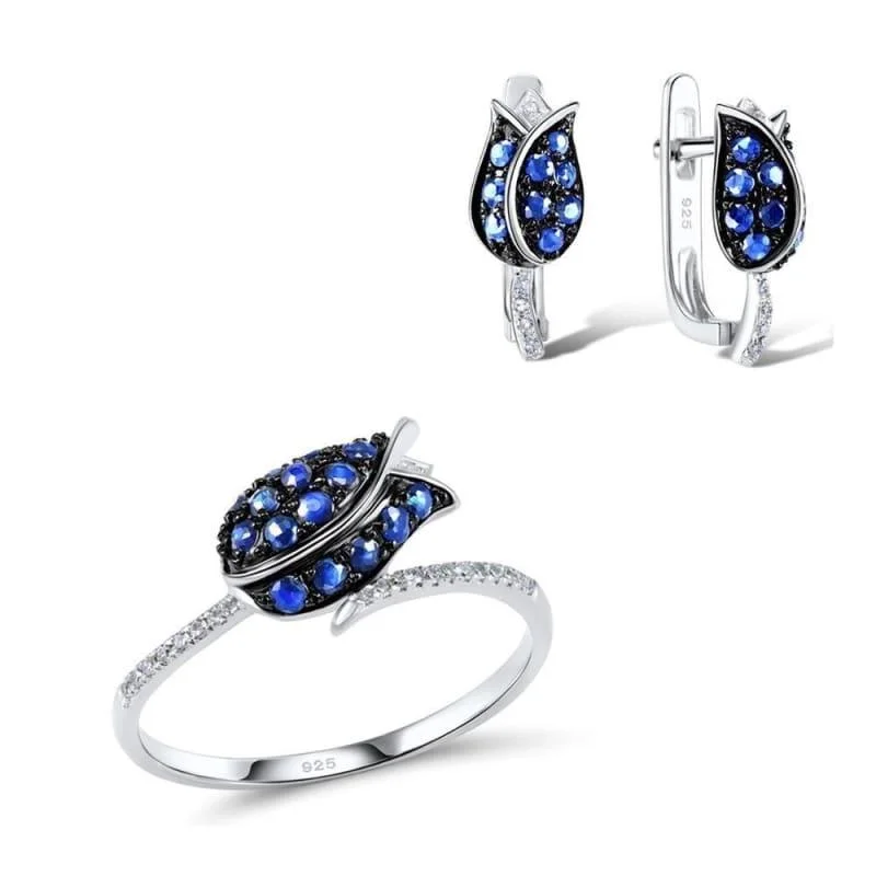 Drop Earrings with Embossed Patterns -Unique Bridal Blue Nano Cubic Zirconia Ring Earrings 925 Sterling Silver Fashion Jewelry Set