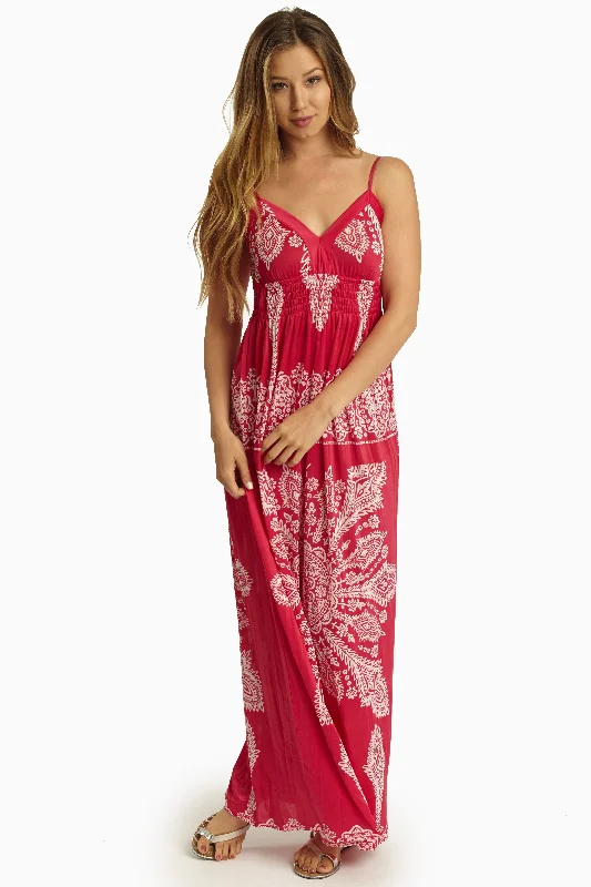 Celtic Dresses with Knotwork -Fuchsia White Printed Maxi Dress