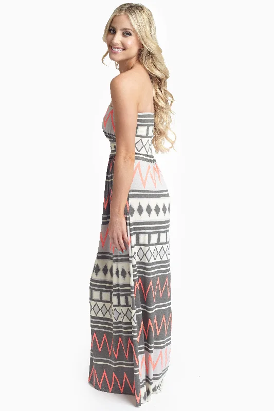 Sleeveless Dresses for Coolness -Grey Pink Chevron Tribal Printed Strapless Maxi Dress