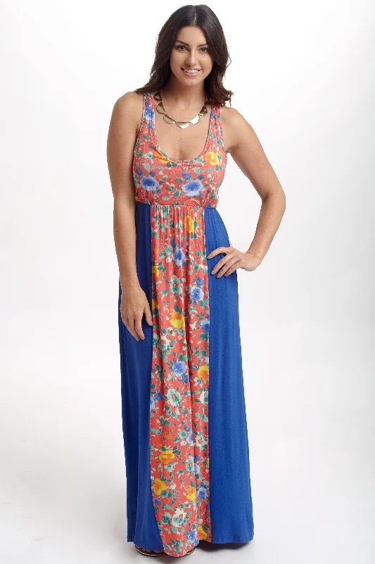 Brown Dresses for Earthy -Blue Floral Colorblock Maxi Dress