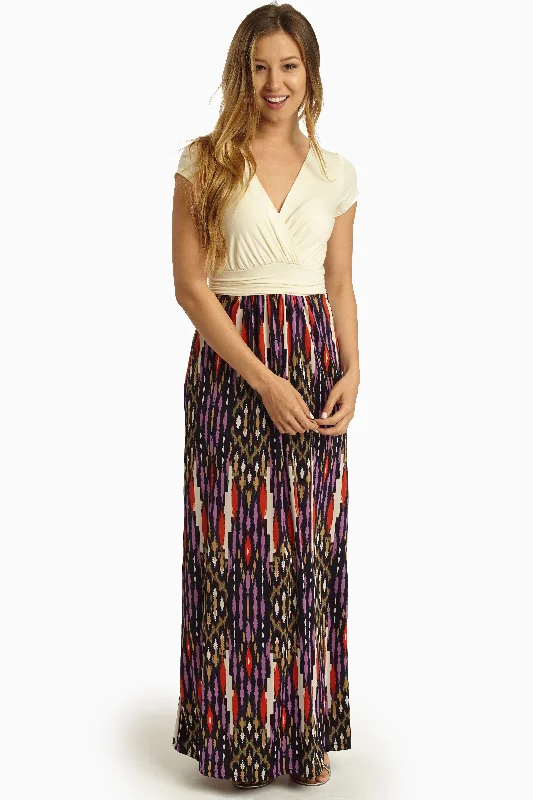 Office Dresses for Business -Ivory Printed Bottom Draped Maxi Dress