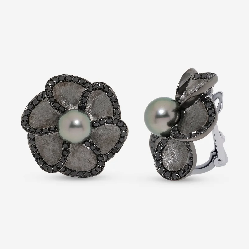 Drop Earrings with Chevron Designs -Assael 18K White Gold and Titanium, Black Diamond 2.45ct. tw. and Tahitian Natural Color Cultured Pearl Clip On Earrings AFE0004