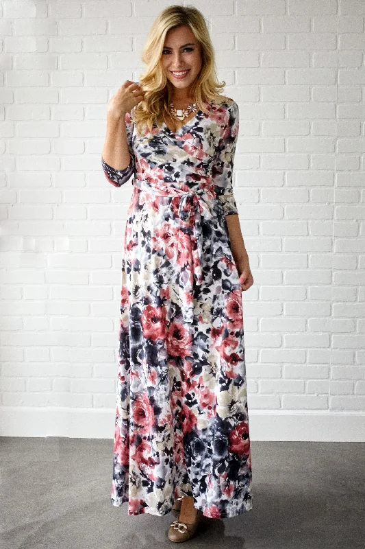 A-line Dresses for Flattering -Rose Watercolor Floral Draped Maxi Dress