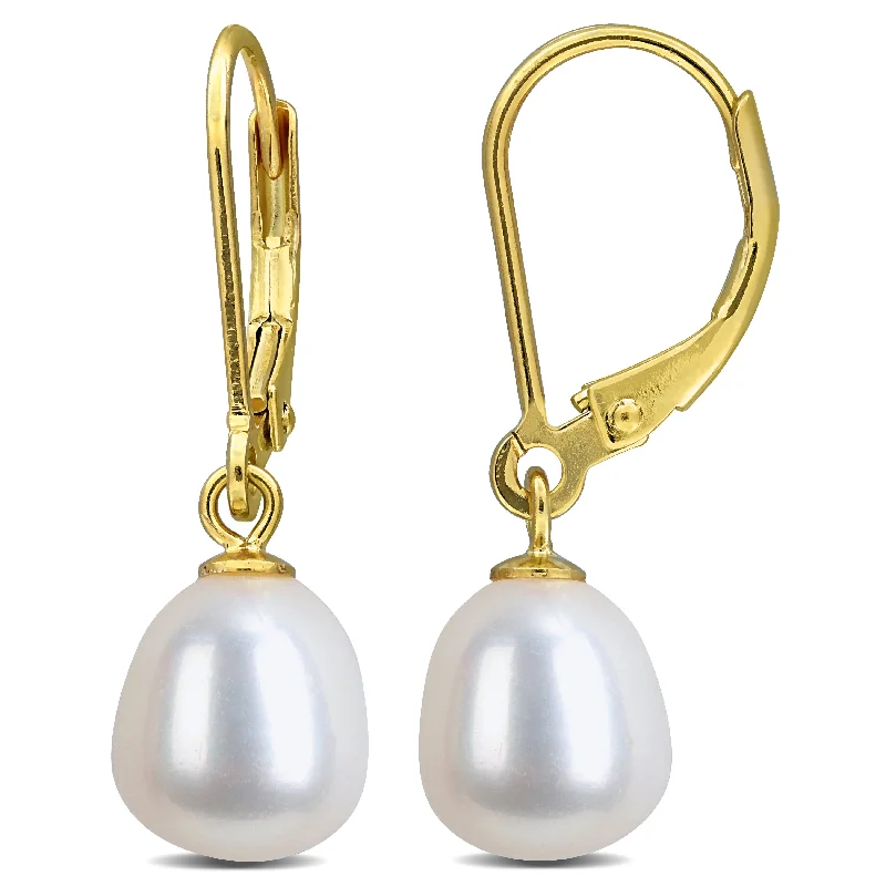 Drop Earrings with Infinity Symbols -Miadora 8-9mm Cultured Freshwater Pearl Leverback Earrings Yellow Plated Sterling Silver